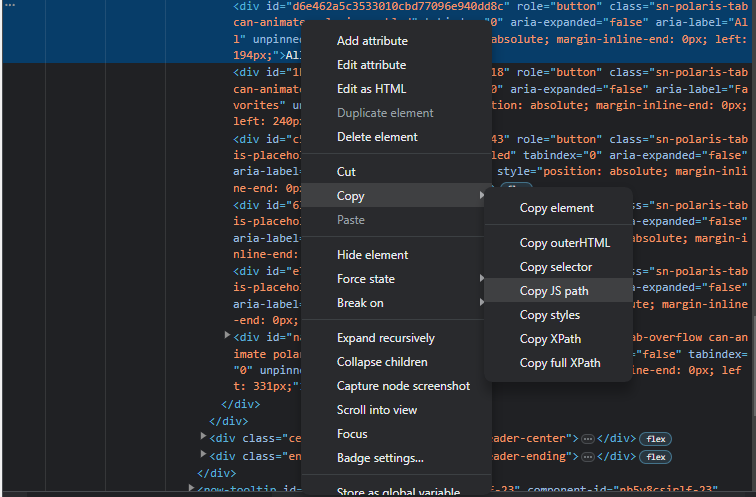 Copy JS path, browser DevTools, JavaScript, web testing, web development.