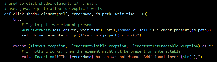 Selenium WebDriver, JavaScript, shadow DOM elements, is_element_present function, explicit wait method