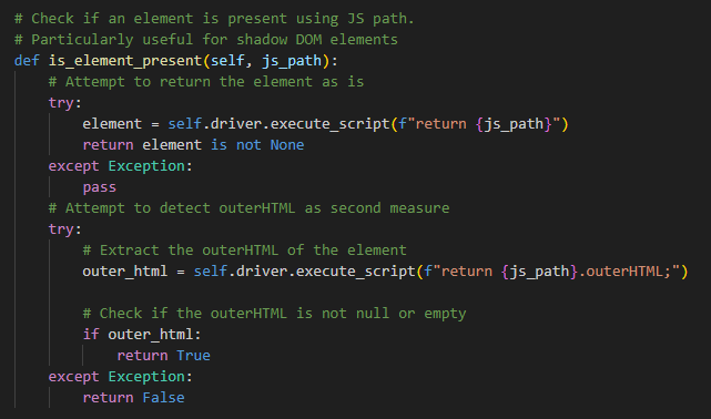 Selenium WebDriver, JavaScript, DOM elements, detecting element presence, exception handling.